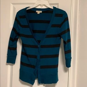 Dark blue button down shirt with black stripes